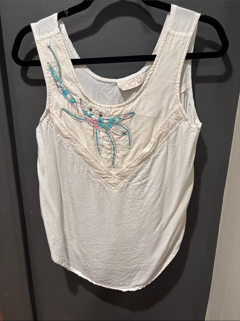 Cache Ivory Tank Top with Teal and Pink Embroidery